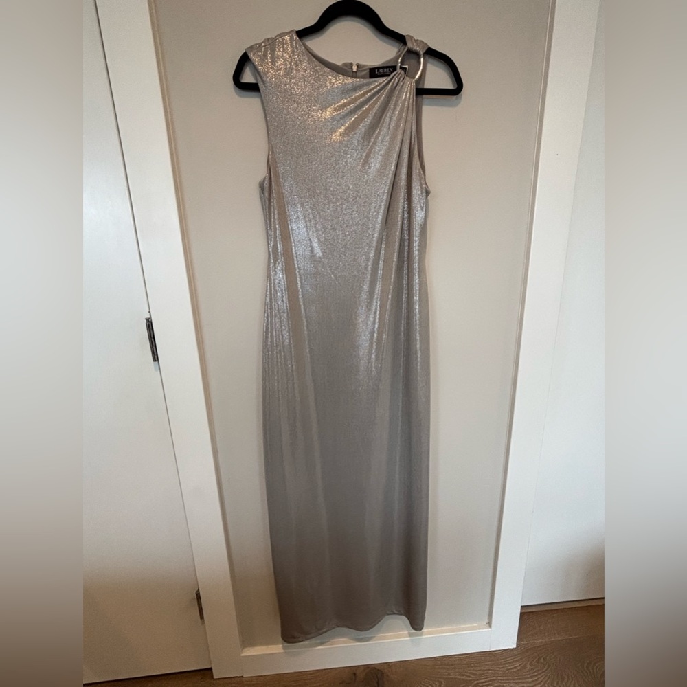 NWT Ralph Lauren Shimmery Silver Maxi Dress 005
